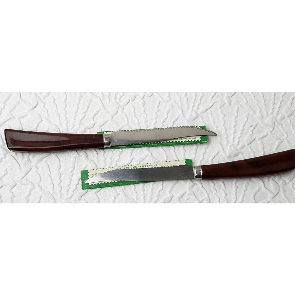 Quikut QUIKKLE Set Of 2 Stainless Steel Steak Knifes Brown Handle Vintage